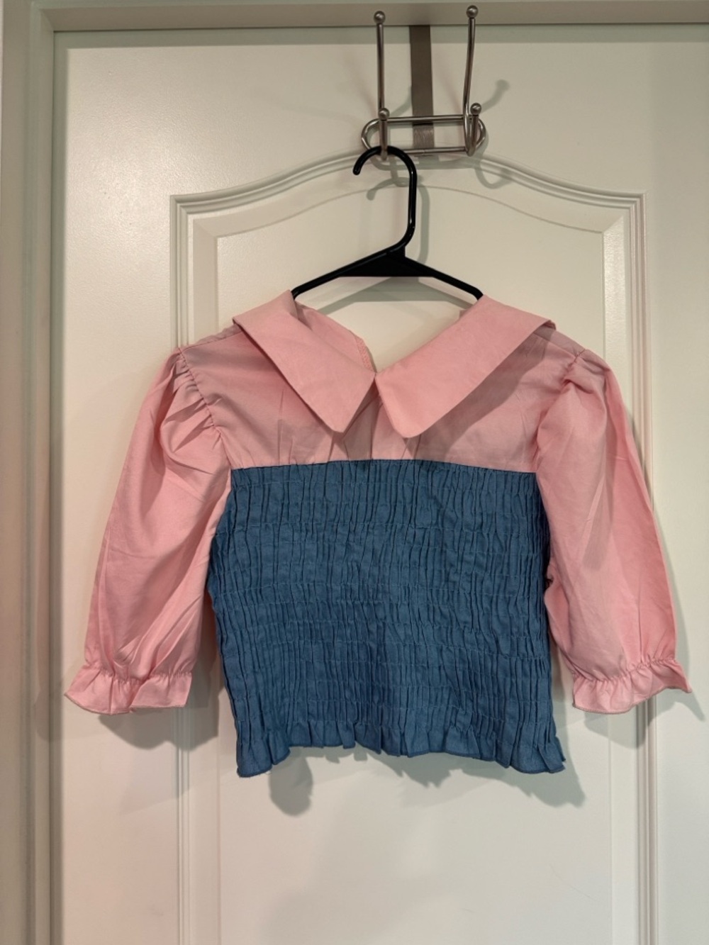 Girls Pink and Blue Smocked Top with Peter Pan Collar / AA32